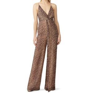 Jonathan Simkhai Leopard Print V Spaghetti Straps Tie Back Jumpsuit POCKETS XS